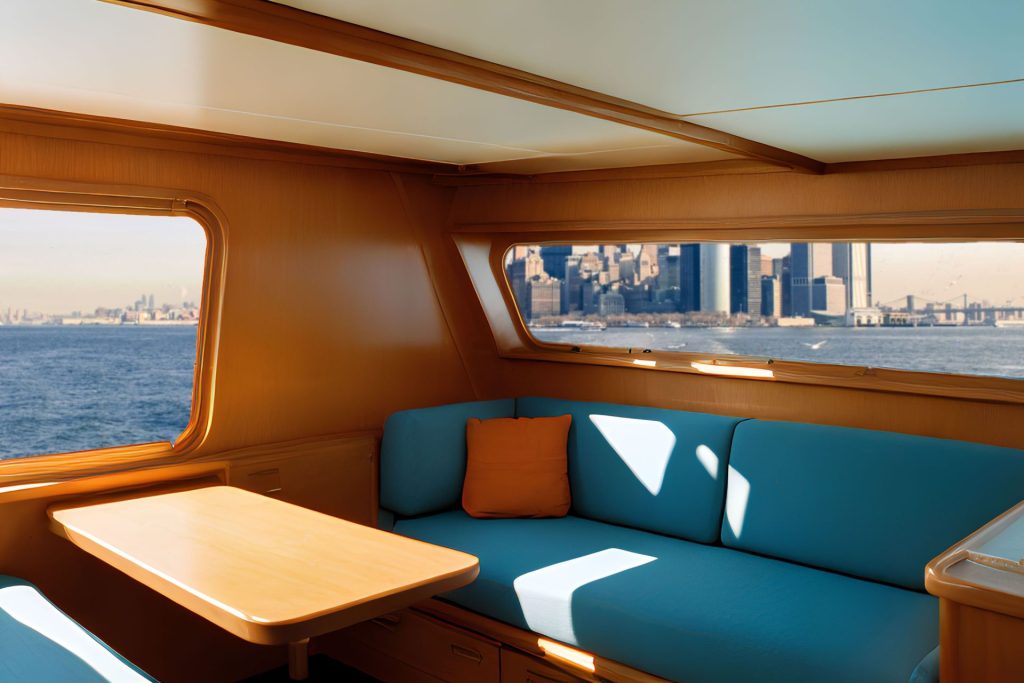 Cabine de yacht spacieuse au décor moderne avec vue sur les gratte-ciel de Manhattan.